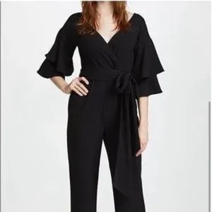 Wayf Black Ruffle Short Sleeve with Tie Waist Jumpsuit/Romper Size Small